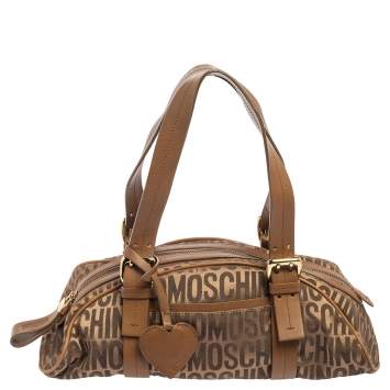 Pre Owned Moschino Brown Signature Fabric And Leather Zip Satchel