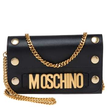 Pre Owned Moschino Black Leather Logo Flap Wallet on Chain