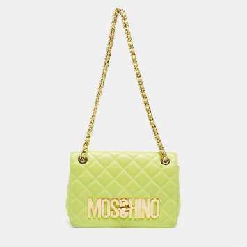 Pre Owned Moschino Neon Green Quilted Leather Logo Flap Shoulder Bag