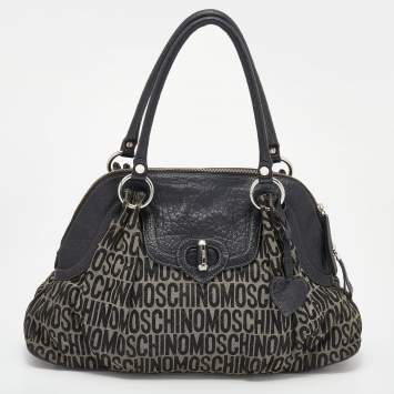 Pre Owned Moschino Black/Beige Leather And Logo Canvas Satchel