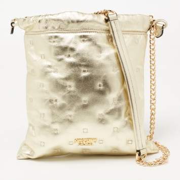 Pre Owned Moschino Metallic Gold Leather Drawstring Crossbody Bag