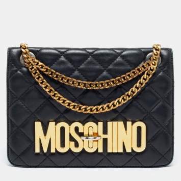Pre Owned Moschino Black Quilted Leather Logo Flap Shoulder Bag