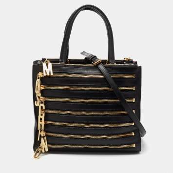 Pre Owned Moschino Black Leather Zip Detail Tote