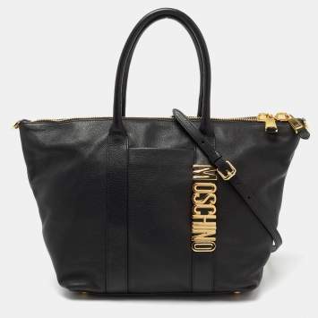 Pre Owned Moschino Black Leather Logo Detail Tote 