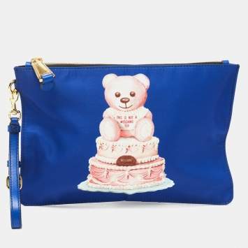 Pre Owned Moschino Blue Teddy Bear Print Nylon Wristlet Pouch
