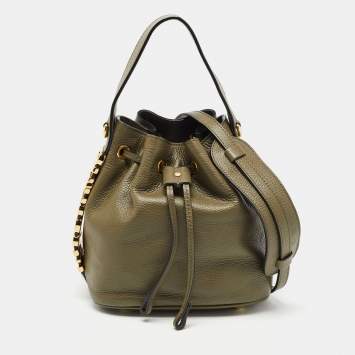 Pre Owned Moschino Green Leather Logo Drawstring Bucket Bag   