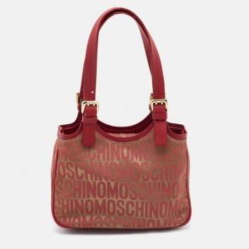 Pre Owned Moschino Red/Beige Signature Canvas and Leather Bag