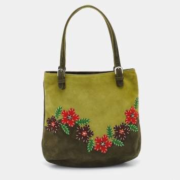 Pre Owned Moschino Two Tone Green Alcantara Embroidered Flowers Hobo