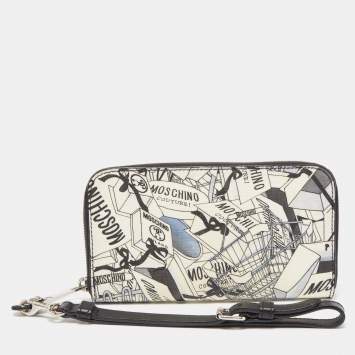 Pre Owned Moschino Black/White Printed Coated Canvas and Leather Zip Around Wristlet Wallet