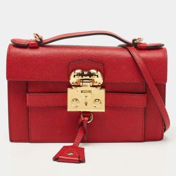 Pre Owned Moschino Red Leather Heart Clasp Flap Top Handle Bag