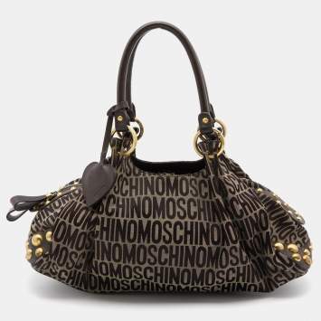Pre Owned Moschino Brown/Beige Monogram Canvas and Leather Satchel