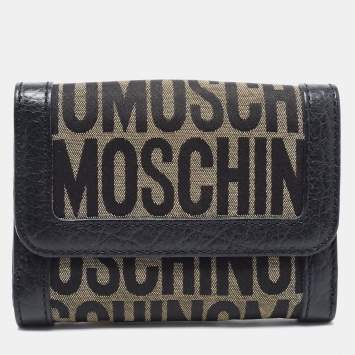 Pre Owned Moschino Black Monogram Canvas and Leather French Flap Wallet