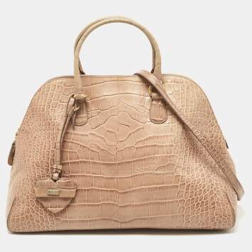 Pre Owned Moschino Beige Croc Embossed Leather  Heart Charm Dome Satchel