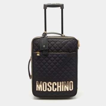 Pre Owned Moschino Black Quilted Nylon and Leather Classic Logo Carry On Rolling Luggage 