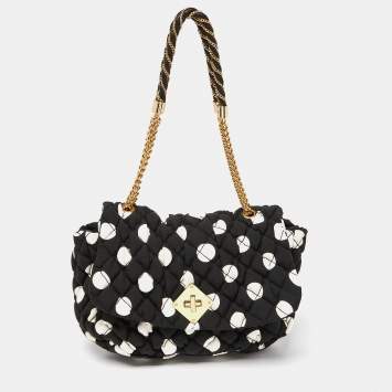 Pre Owned Moschino Black/White Quilted Polka Dots Canvas Flap Shoulder Bag