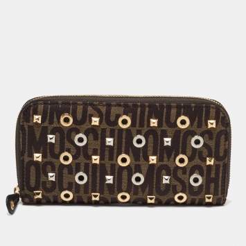 Pre Owned Moschino Brown Signature Canvas Zip Around Wallet