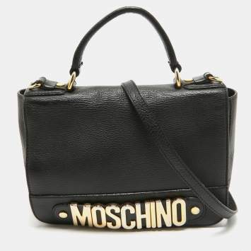 Pre Owned Moschino Black Leather Logo Flap Top Handle Bag