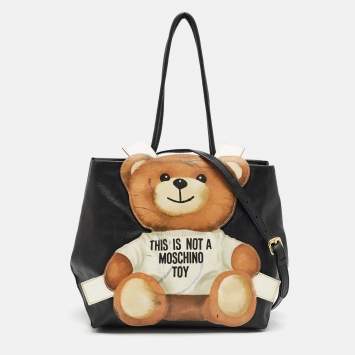 Pre Owned Moschino Black Textured Faux Leather Teddy Bear Tote
