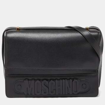 Pre Owned Moschino Black Leather Logo Flap Shoulder Bag