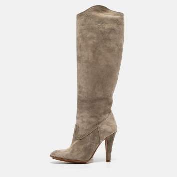 Pre Owned Moschino Grey Suede Knee Length Boots Size 38