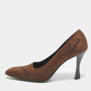 Pre Owned Moschino Brown Satin Square Toe Pumps Size 38.5