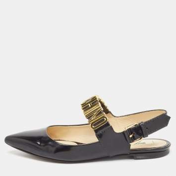 Pre Owned Moschino Black Leather Classic Logo Slingback Flats Size 37