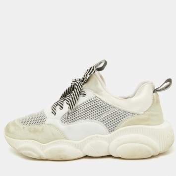 Pre Owned Moschino White Leather and Mesh Teddy Run Low Top Sneakers Size 37