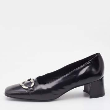 Pre Owned Moschino Black Leather Heart Square Toe Block Heel Pumps Size 37