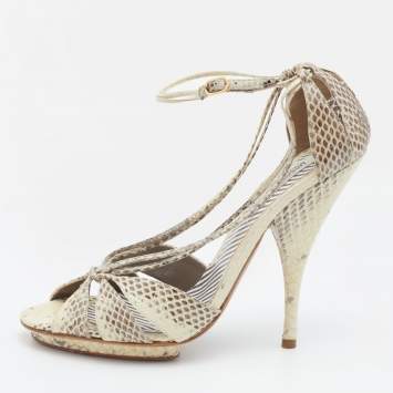 Pre Owned Moschino Cream/Brown Water Snake Ankle Strap Sandals Size 38.5