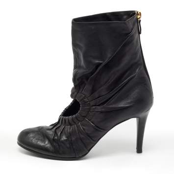Pre Owned Moschino Black Pleated Leather Heart Cutout Ankle Booties Size 40