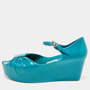 Pre Owned Moschino x Kartell Blue Rubber Jelly Super Bow Wedge Sandals Size 40