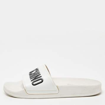 Pre Owned Moschino White Rubber Logo Flat Slides Size 37