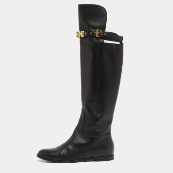 Pre Owned Moschino Black Leather Logo Knee Length Boots Size 37.5