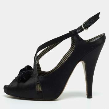 Pre Owned Moschino Black Satin and Velvet Bow Slingback Sandals Size 38.5
