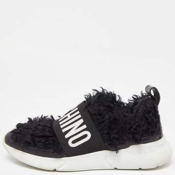 Pre Owned Moschino Black Leather and Faux Fur Logo Slip On Sneakers Size 37