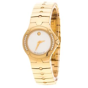 Pre Owned Movado White Mother of Pearl Yellow Gold Plated Steel Diamonds Sports Edition 88G41851S Women's Wristwatch 27 mm
