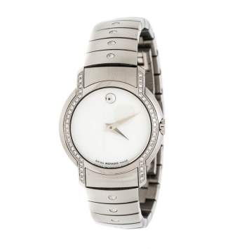 Pre Owned Movado White Mother of Pearl Stainless Steel Diamonds SL 84 G4 1832 S Women's Wristwatch 28mm