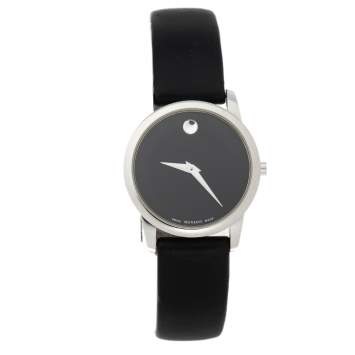 Pre Owned Movado Black Stainless Steel Leather Museum 07.3.14.1143 Women's Wristwatch 28 mm