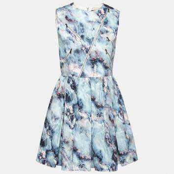 Pre Owned MSGM Blue Abstract Printed Cotton Canvas Zip Accent Detail Dress M 