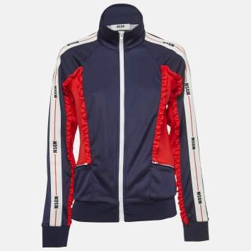 Pre Owned MSGM Navy Blue/Red Jersey Ruffle Detail Bomber Jacket M
