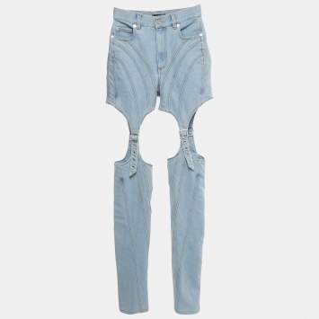 Pre Owned Mugler Blue Denim Cut-Out High Waist Denim Jeans S Waist 26"