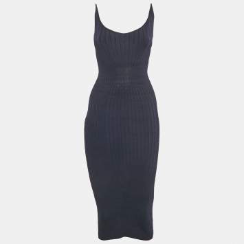 Pre Owned Mugler Navy Blue Rib Knit Strappy Bodycon Dress S