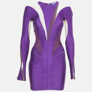 مملوكة مسبقًا Mugler Purple Jersey and Tulle Mini Bodycon Dress S