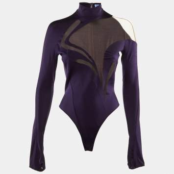 Pre Owned Mugler Purple Stretch Crepe High Neck Bodysuit M