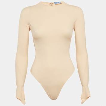 Pre Owned Mugler Beige Jersey Long-Sleeve Thumb-Holes Bodysuit S