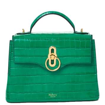 Pre Owned Mulberry Green Croc Embossed Leather Mini Seaton Top Handle Bag