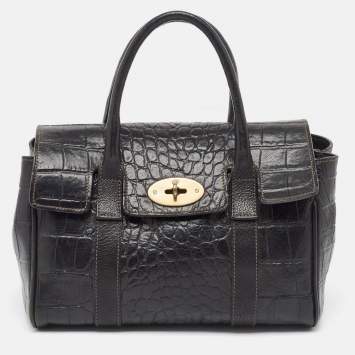 Pre Owned Mulberry Black Croc Embossed Leather Small Bayswater Satchel