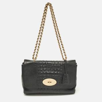 Pre Owned Mulberry Black Croc Embossed Leather and Leather Medium Lily Shoulder Bag