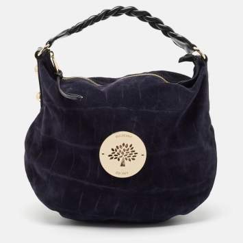 Pre Owned Mulberry Navy Blue Leather and Croc Embossed Suede Daria Hobo