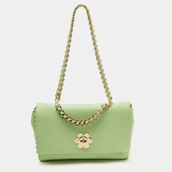 Pre Owned Mulberry Mint Green Leather Cecily Flower Top Handle Bag